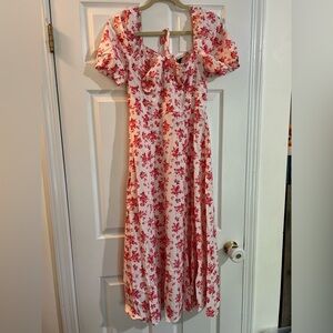 SHEIN Floral Pink and White Coquette Dress Large with Puff Sleeves and Slit NWOT
